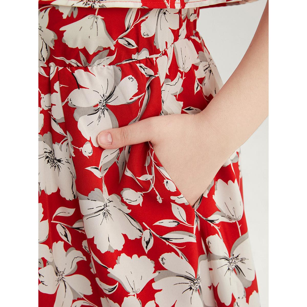 Plus Size Floral Print Pocket Ruffles Trim Split Halter Maxi Dress Scarlet Women Elegant Elastic Waist Halter neck Short sleeve Curvy Long Dress BloomChic 22-24/3X Product Image