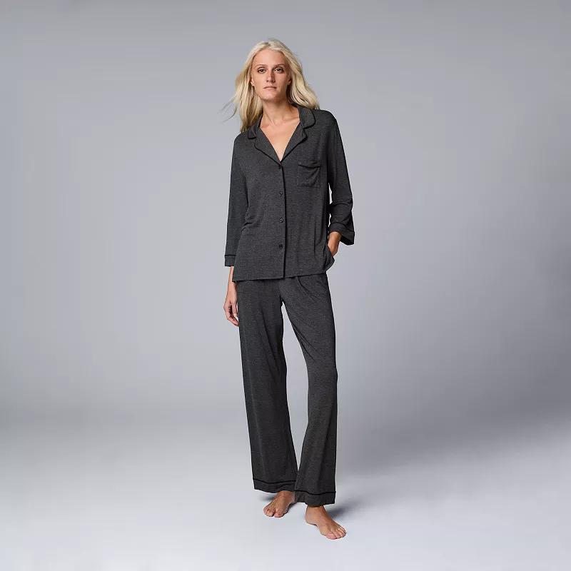 Women's Simply Vera Vera Wang Basic Luxury ¾ Sleeve Pajama Shirt & Pants Sleep Set,  Product Image