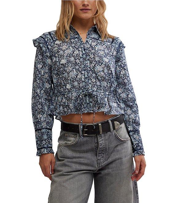 Free People Daybreak Floral Print Point Collar Neck Long Sleeve Button Front Tie Top Product Image