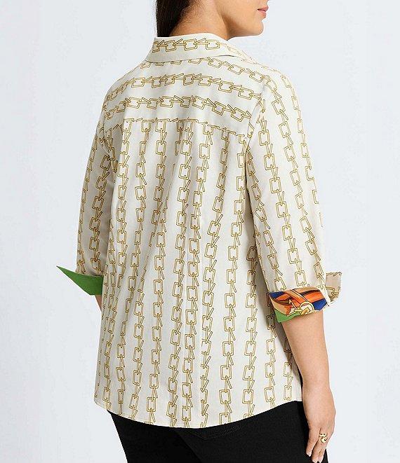 Foxcroft Plus Size Taylor Chain Stripe Print Wrinkle Free Cotton Sateen 3/4 Sleeve Button-Front Shirt Product Image
