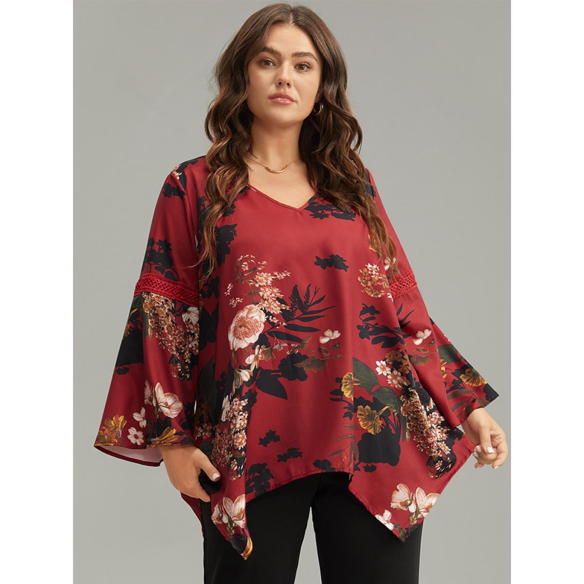 Plus Size Scarlet Floral Lace Panel V Neck Hanky Hem Blouse Women Elegant Long Sleeve V-neck Dailywear Blouses BloomChic 22-24/3X Product Image