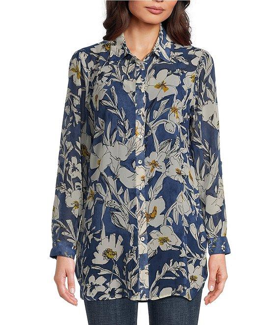 Figueroa & Flower Floral Print Point Collar Long Roll-Tab Sleeve Button-Front Shirt Product Image
