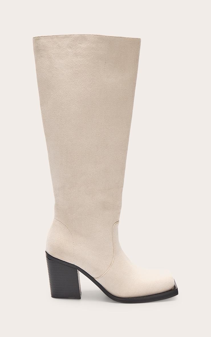 Cream Faux Suede Square Toe High Block Heel Knee High Boots Product Image