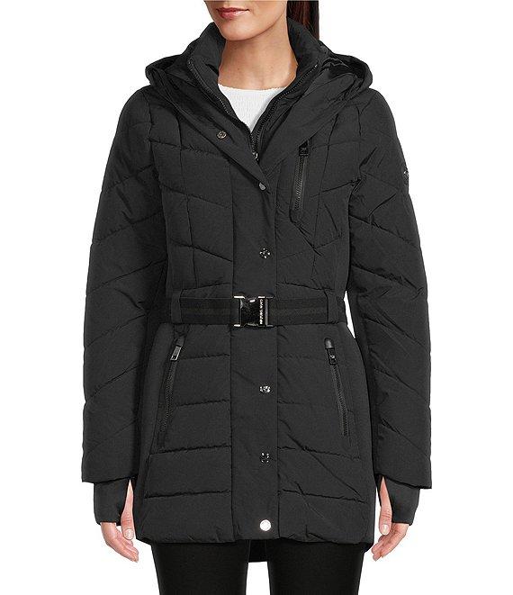 MICHAEL Michael Kors Faux Fur Strip Hooded Stand Collar Snap Front Active Jacket Product Image