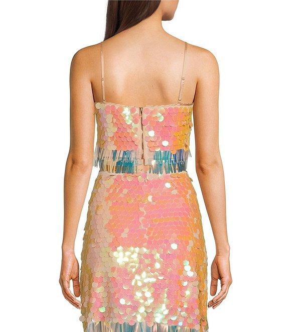 Skies Are Blue Sequin Fringe Hem Square Neck Sleeveless Cami Coordinating Crop Top Product Image