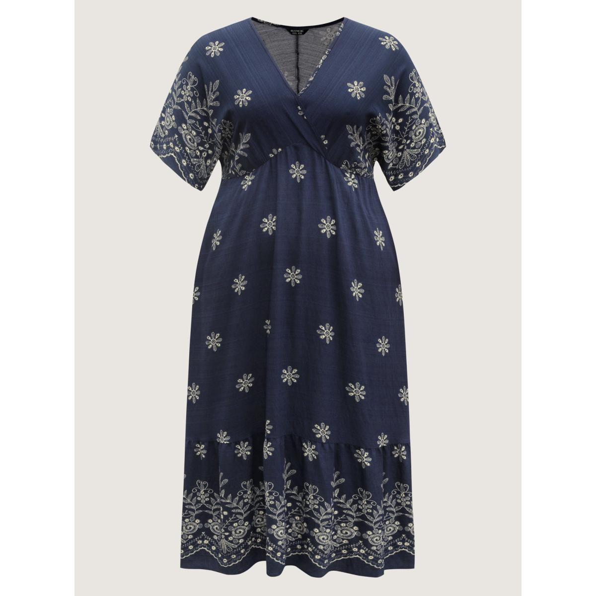 Plus Size Surplice Neck Split Side Pockets Midi Dress Midnight Women Boho Overlapping Overlap Collar Half Sleeve Curvy BloomChic 18-20/2X Product Image