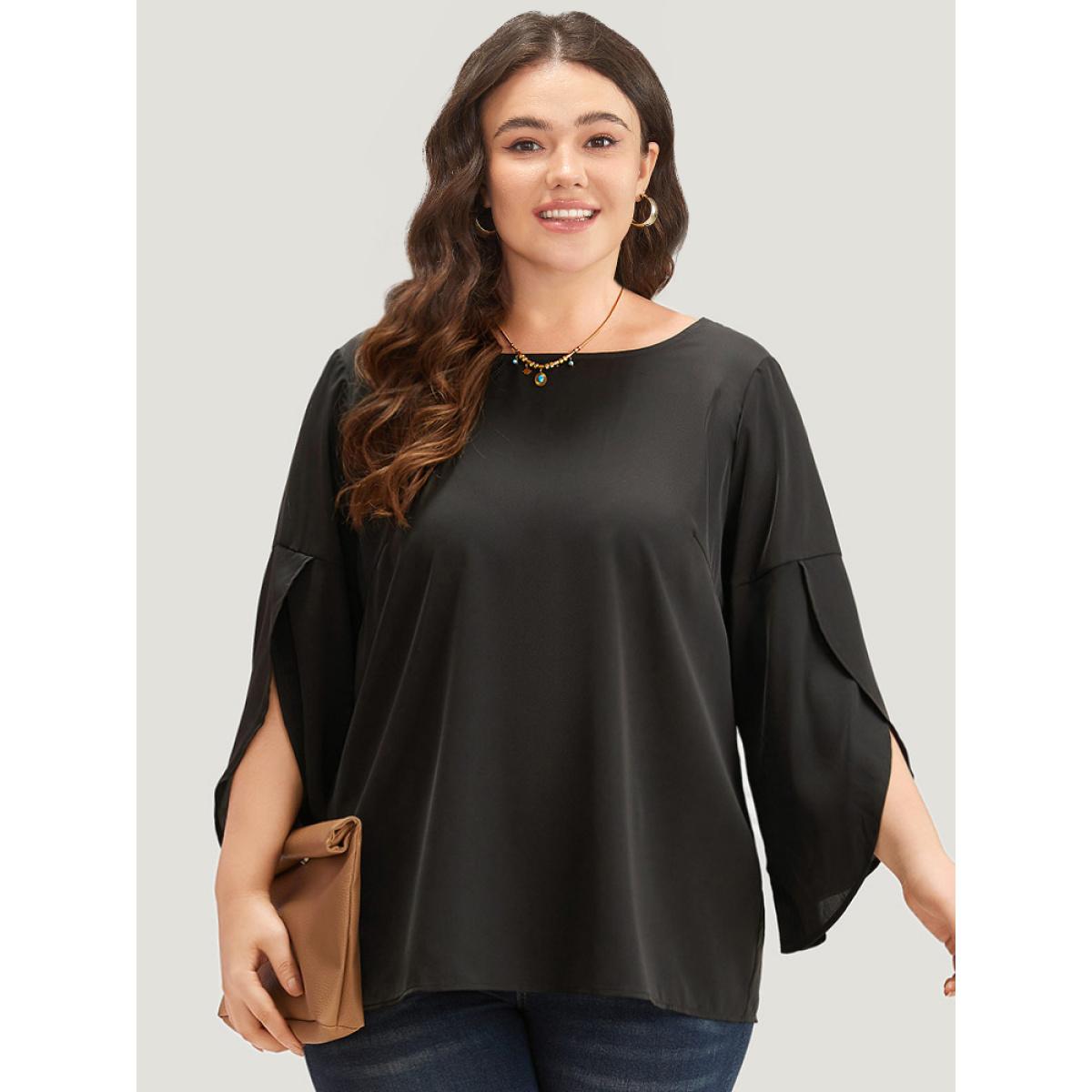 Plus Size Black Plain Wrap Flutter Sleeve Crew Neck Blouse Women Office Elbow-length sleeve Round Neck Work Blouses BloomChic 12/L Product Image