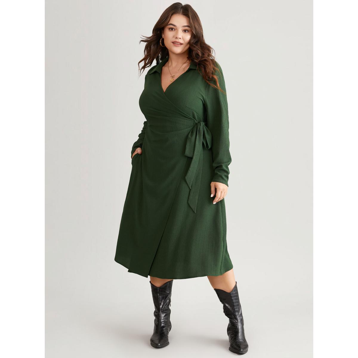 Plus Size Plisse Surplice Neck Bowknot Side Wrap Hem Dress ArmyGreen Women Casual Texture Overlap Collar Long Sleeve Curvy Midi Dress BloomChic 14-16/1X Product Image