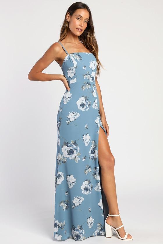 Feeling Elegant Slate Blue Floral Print Lace-Up Slit Maxi Dress Product Image