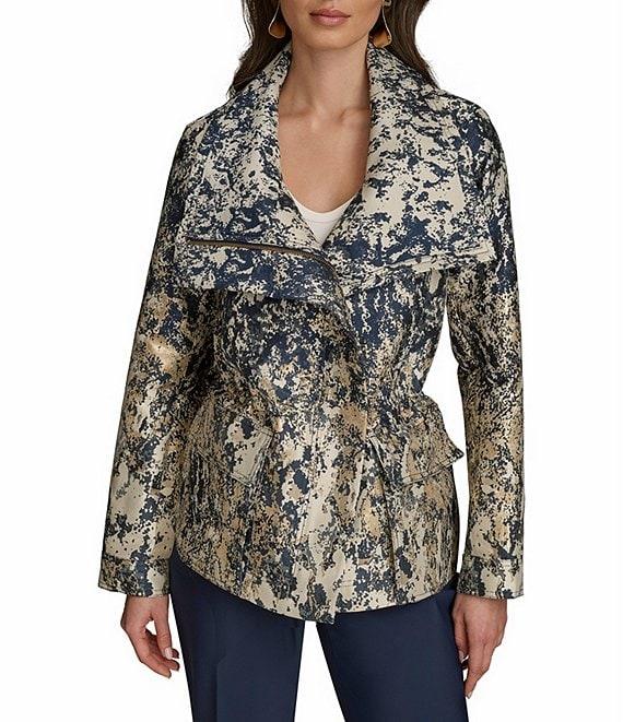 Donna Karan Metallic Jacquard Foldover Collar Elasticized Waist Full Zip Jacket Product Image