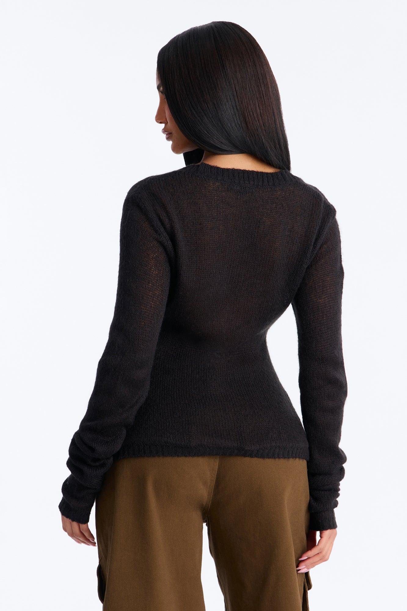 Sheer Me Out Long Sleeve Button Up Cardigan Sweater - Black Female Product Image