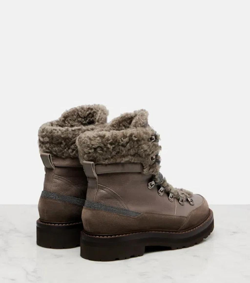 BRUNELLO CUCINELLI Bead-embellished Shearling-trimmed Leather Ankle Boots In Multi Product Image
