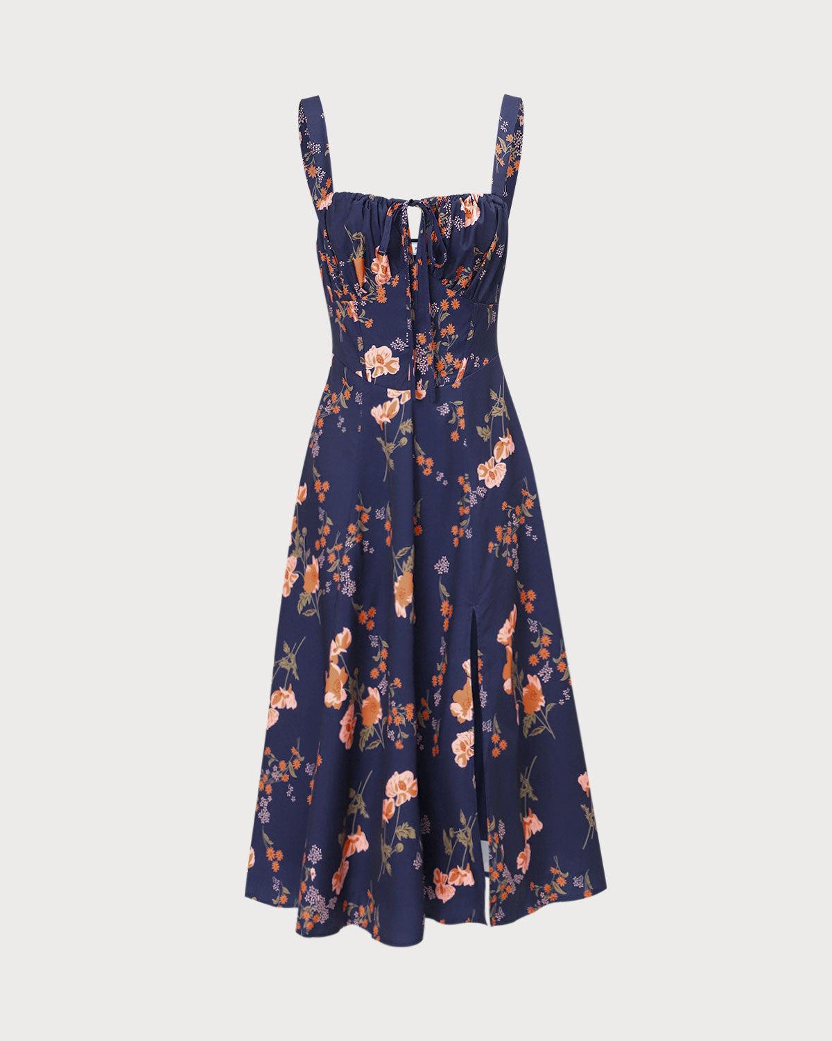 The Navy Lace Up Floral Ruched Midi Dress Product Image