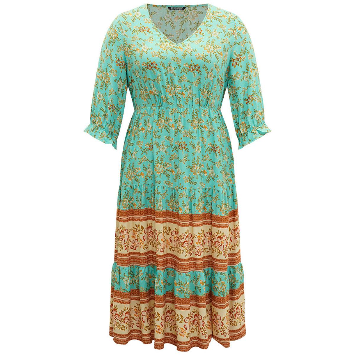 Plus Size Floral Print Lantern Sleeve Contrast Patchwork Dress Aquamarine Women Vacation Elastic cuffs V-neck Half Sleeve Curvy Midi Dress BloomChic 22-24/3X Product Image