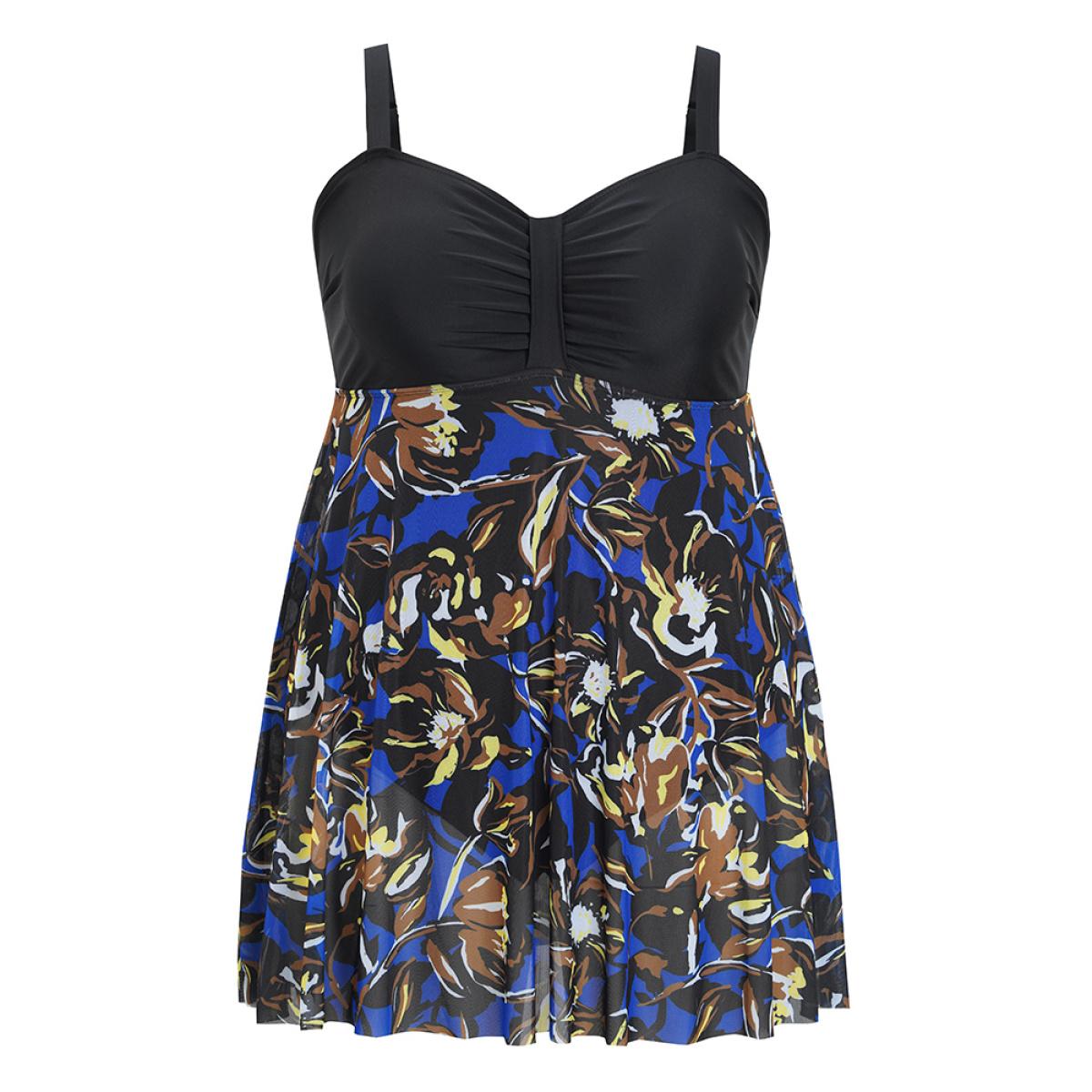 Plus Size Tropical Print Patchwork A Line Ruched Swim Dress Women's Swimwear Black Vacation Bodycon High stretch Curve Swim Dresses BloomChic 26/4X Product Image