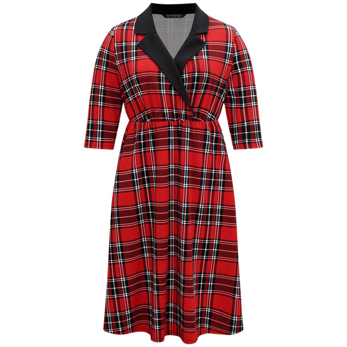 Plus Size Christmas Plaid Suit Collar Elastic Waist Dress Red Women Office Printed Suit Collar Elbow-length sleeve Curvy Midi Dress BloomChic 18-20/2X Product Image