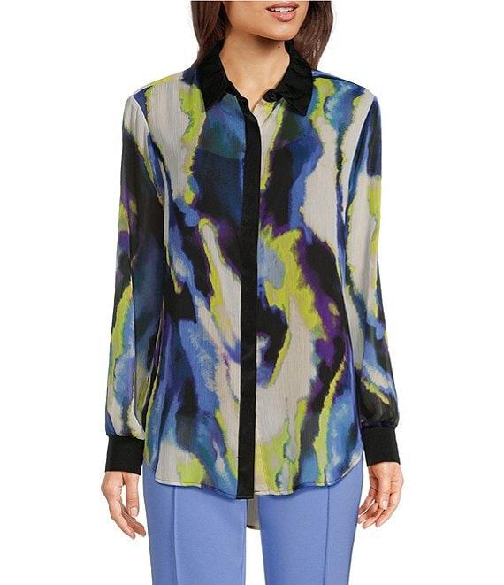DKNY by Donna Karan Abstract Printed Chiffon Point Collar Long Sleeve Button Down Top Product Image