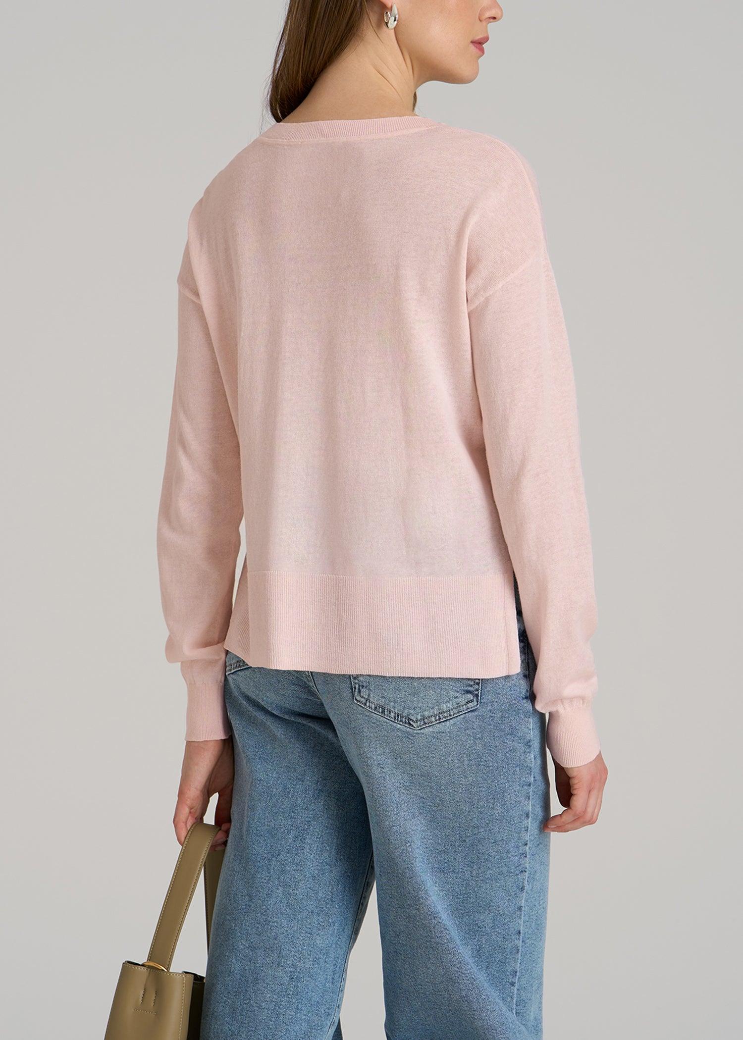 Linen Blend Split Hem V-Neck Sweater for Tall Women in Hush Pink Female Product Image