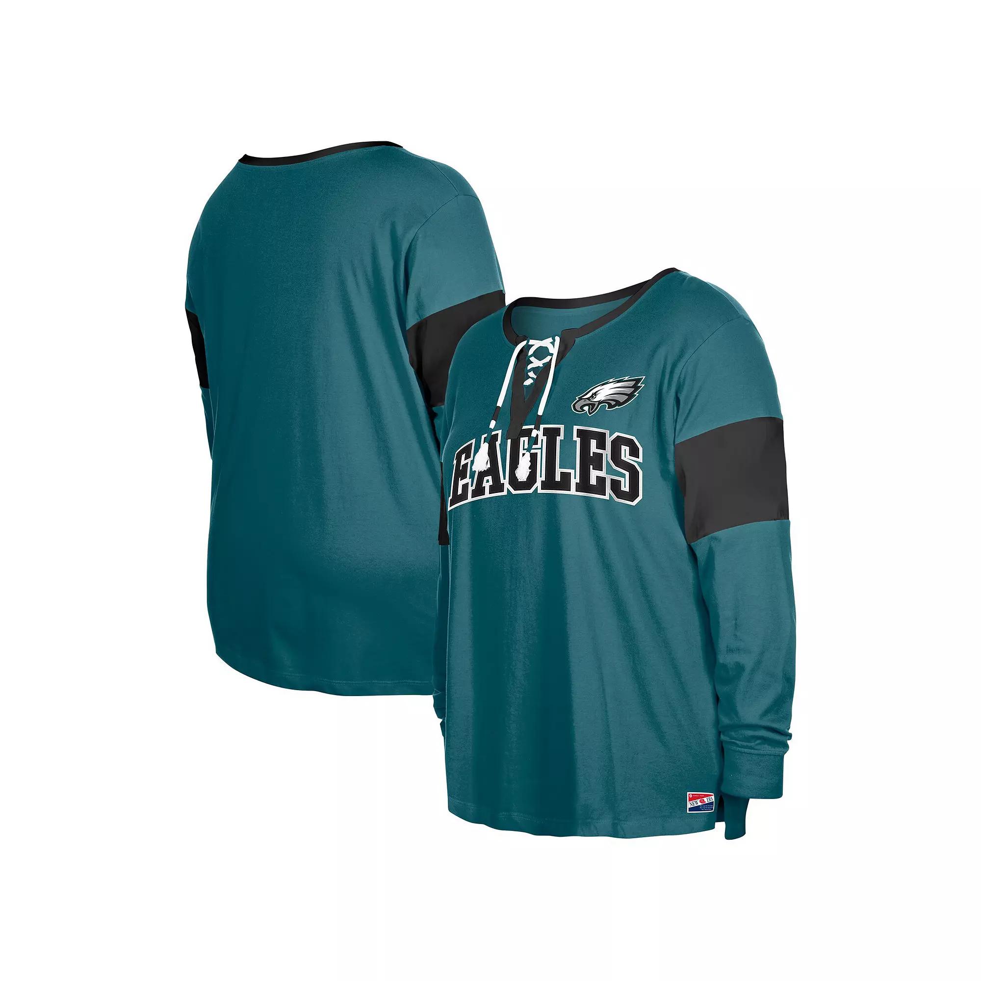 Women's New Era Midnight Green Philadelphia Eagles Plus Size Lace-Up Notch Neck Long Sleeve T-Shirt, Size: 4XL Product Image