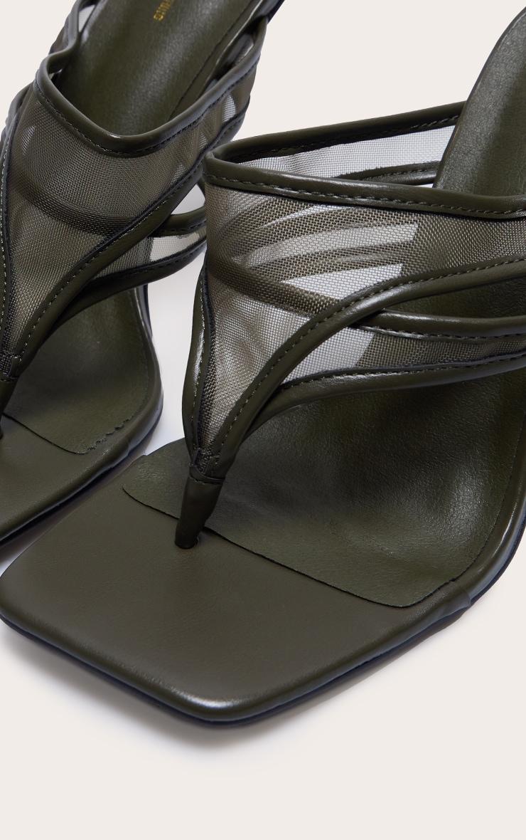 Wide Fit Olive Square Toe Double Mesh Thong Stiletto Heeled Mules Product Image