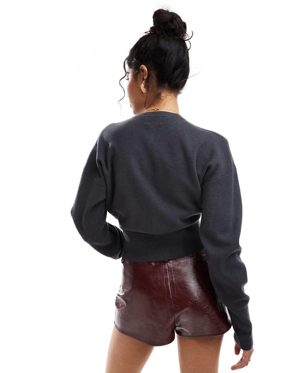 ASOS DESIGN crew neck cardigan with rib hem detail in charcoal Product Image