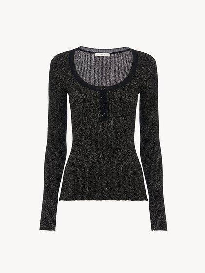 Long-sleeve fitted top in lurex wool knit Product Image