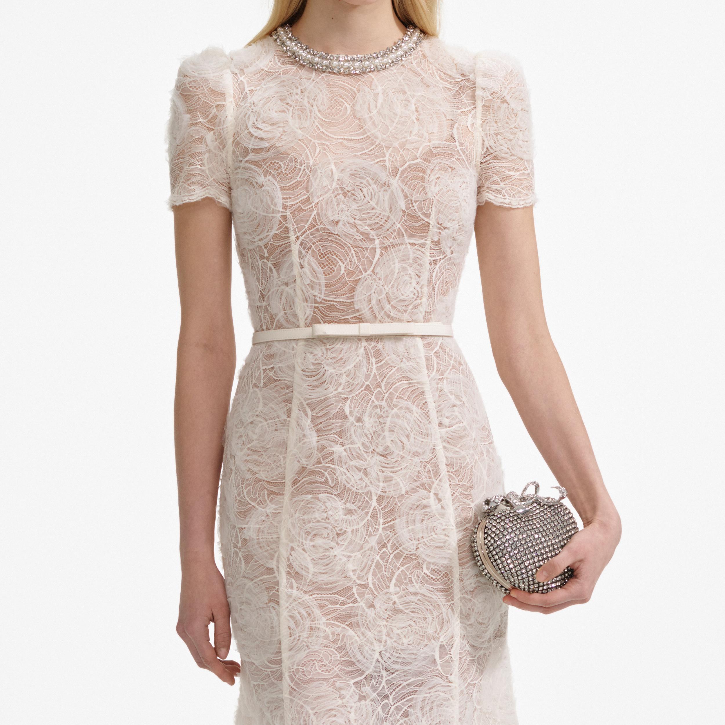 Cream Tulle Lace Midi Dress Product Image