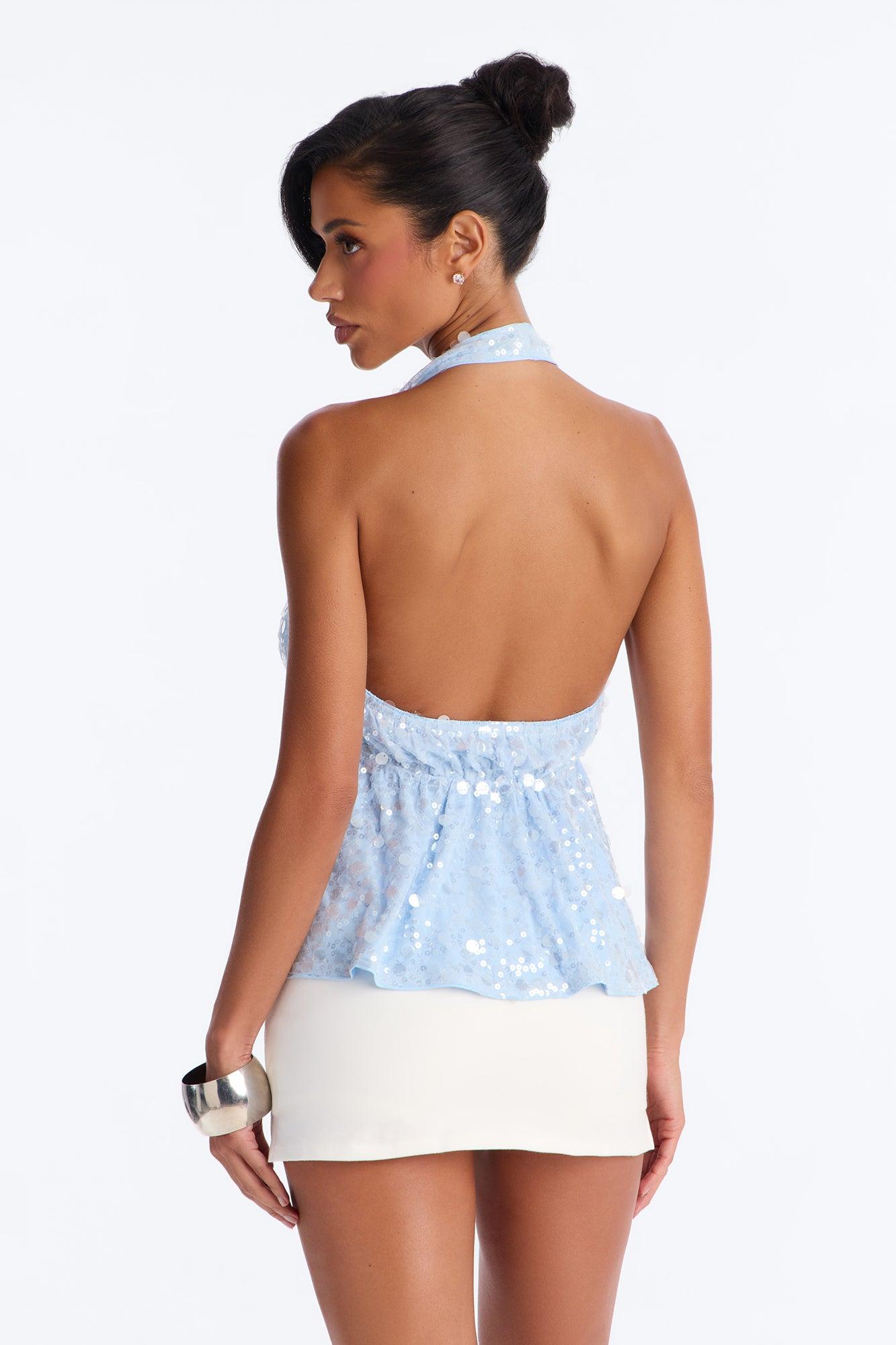Cerafina Sequin Halter Flyaway Top - SkyBlue Female Product Image