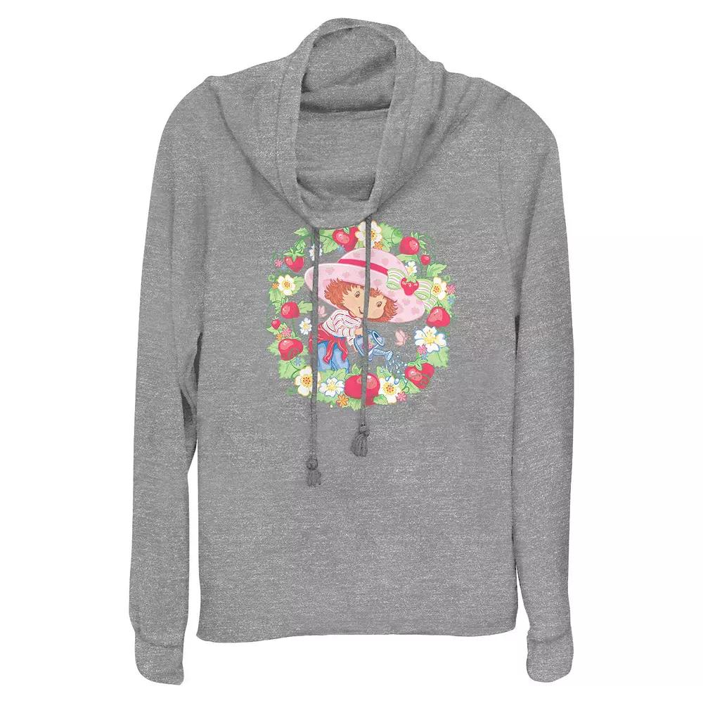 Women's Strawberry Shortcake Flowers And Strawberries Wreath Cowlneck Graphic Lightweight Long Sleeve, Size: Small, Gray Grey Product Image