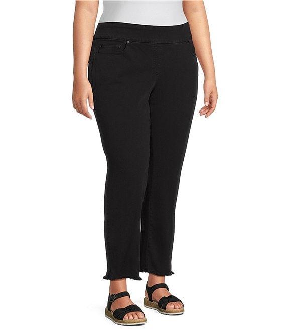 Multiples Plus Size Solid Garment Dyed Straight Leg Fringe Hem Pull-On Ankle Pants Product Image