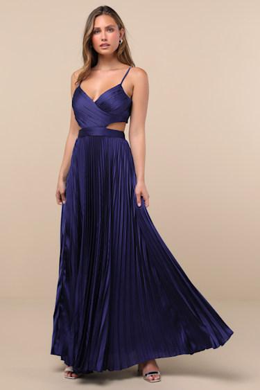 Got the Glam Navy Blue Pleated Cutout Maxi Dress Product Image