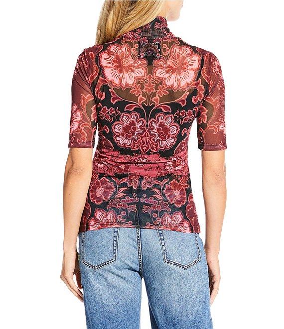 JOHNNY WAS Floral Print Mesh Knit Mock Neck Elbow Sleeve Top Product Image