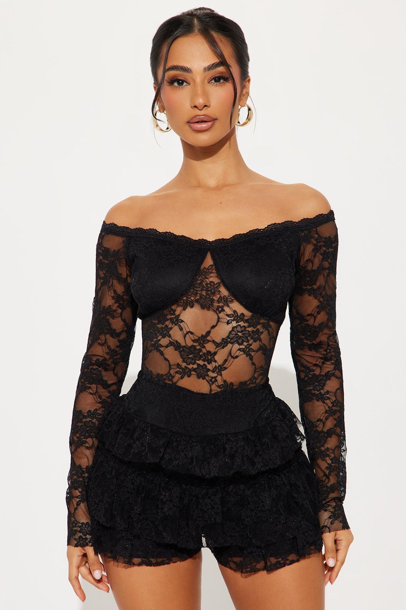 Adryana Ruffled Lace Romper - Black Product Image
