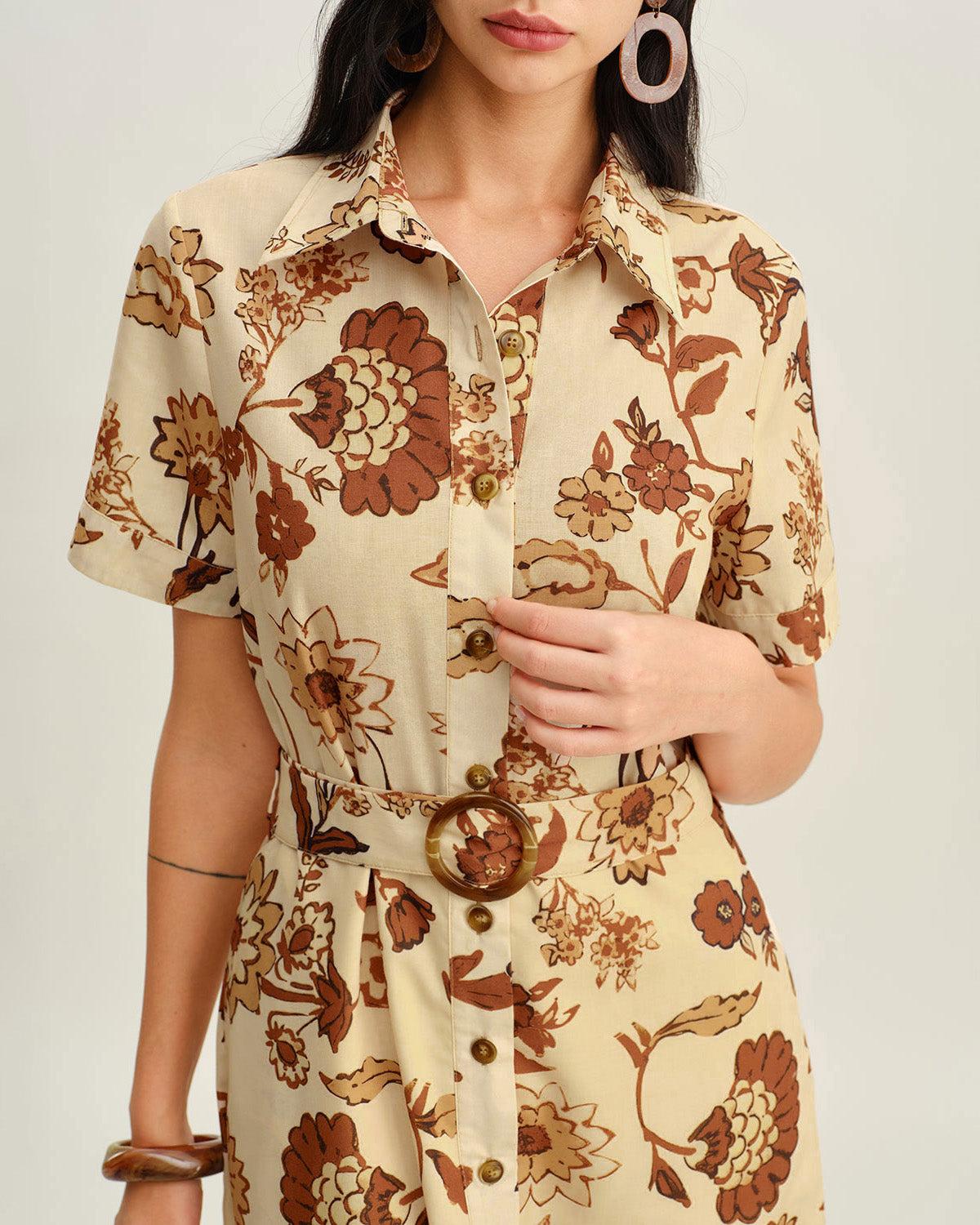 Brown Floral Belted Midi Dress Product Image