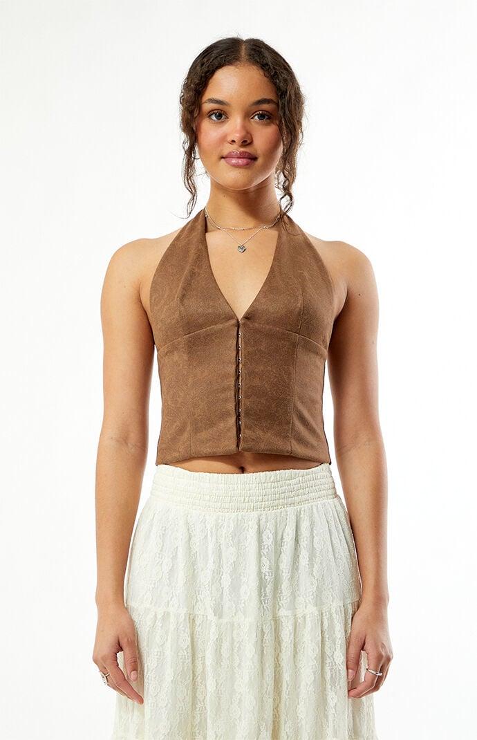 Paisley Faux Suede Hook-And-Eye Halter Top Product Image