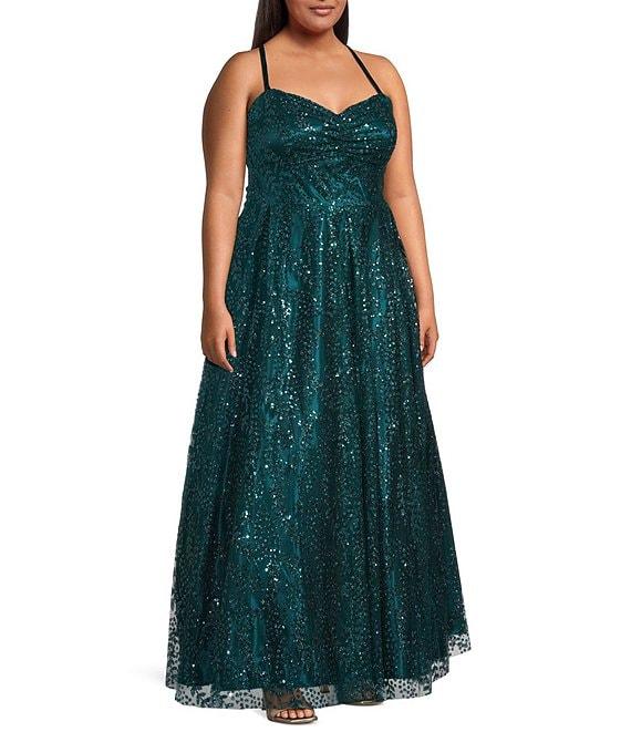 Blondie Nites Plus Size Glitter Pattern Sweetheart Neck Pinch Front Spaghetti Strap Tie Back Ballgown Product Image