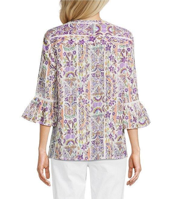 Allison Daley Lavender Garden Print 3/4 Bell Sleeve Button Front Y-Neck Blouse Product Image