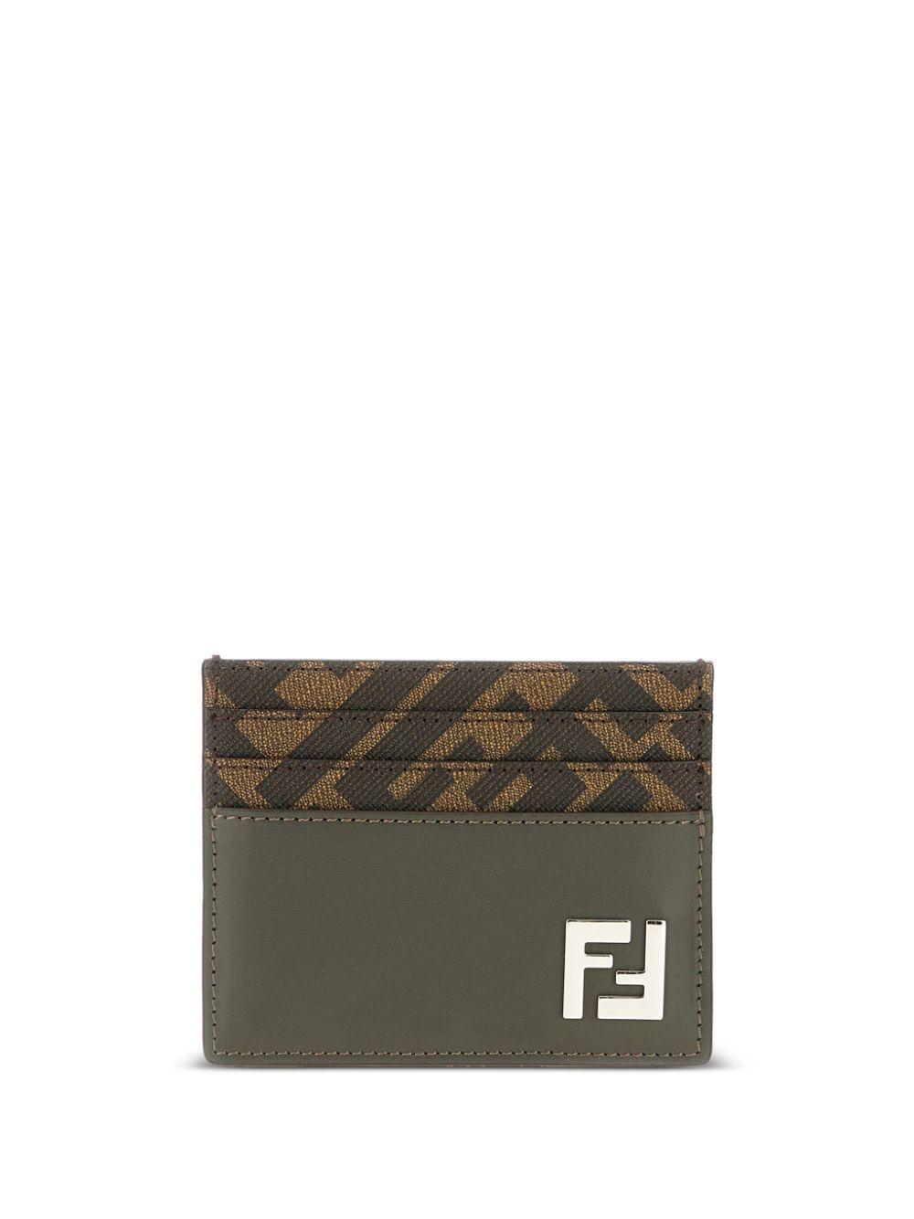 FENDI Brown Card-holder With Squared Ff Motif In Leather And Ff Canvas Man In Ebony Product Image