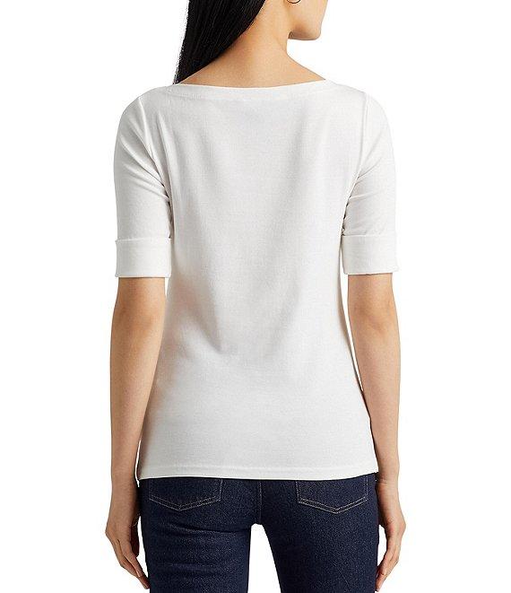 Lauren Ralph Lauren Stretch Cotton Blend Boat Neck Short Rolled Sleeve Shirt Product Image