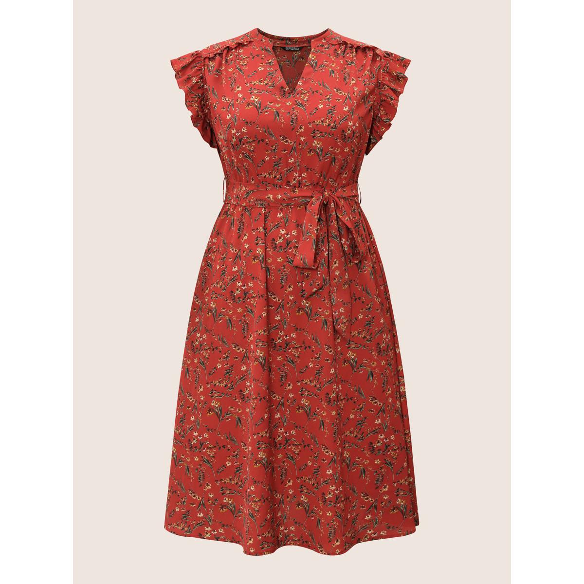 Plus Size Floral Print Frill Notched Flutter Sleeve Dress Raspberry Women Timeless Non Notched collar Sleeveless Curvy Midi Dress BloomChic 18-20/2X Product Image