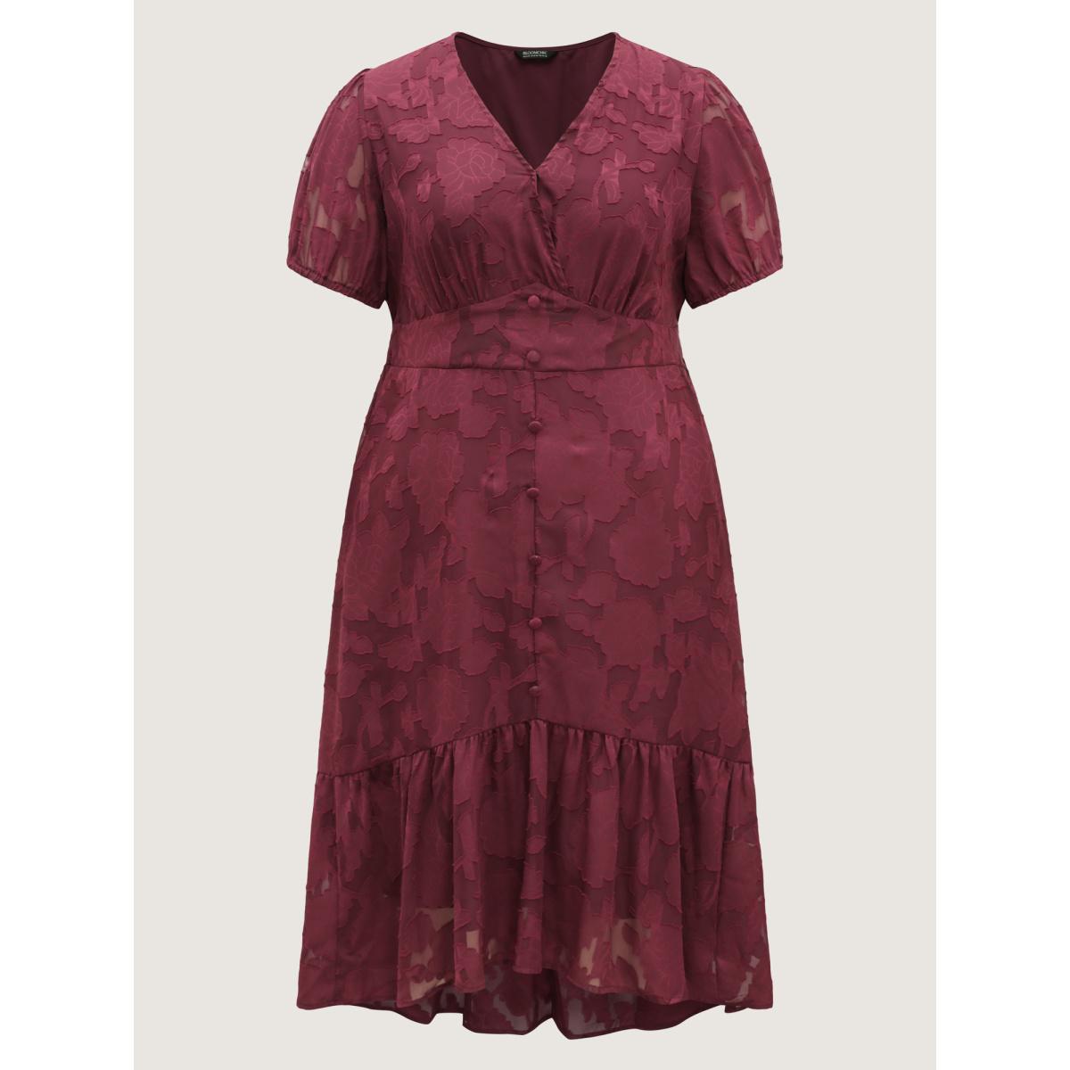 Plus Size Solid Textured Lantern Sleeve Button Detail Dress Burgundy Women Romantic Button V-neck Short sleeve Curvy BloomChic 18-20/2X Product Image
