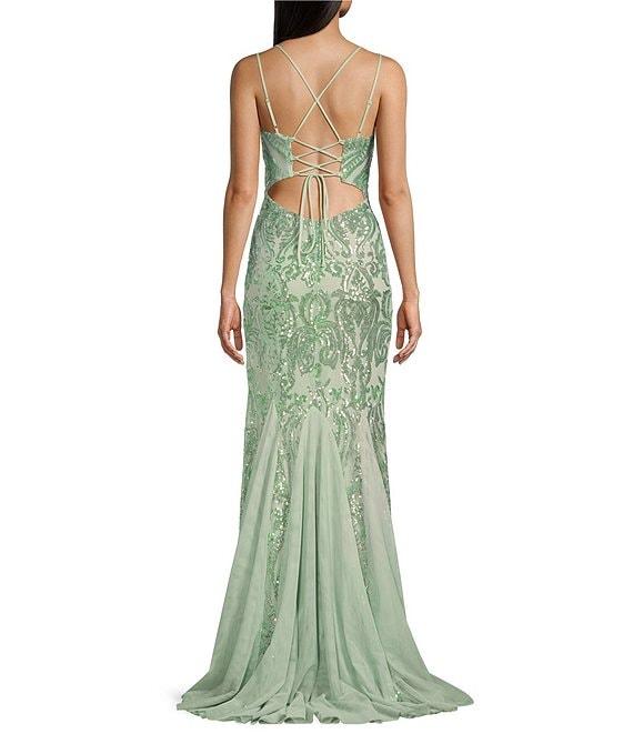 B. Darlin Double Spaghetti Strap V-Neck Lace-Up Back Sequin Dress Product Image