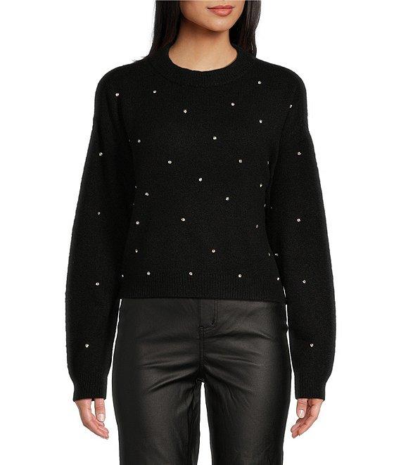 C&V Chelsea & Violet Round Neck Long Sleeve Scattered Rhinestones Sweater Product Image