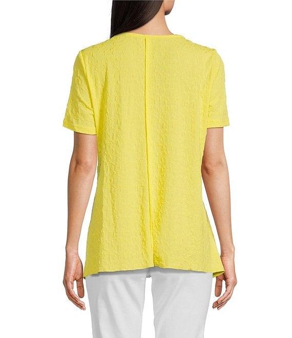 Calessa Petite Size Textured Knit Scoop Neck Short Sleeve Asymmetric Hem Tunic Product Image