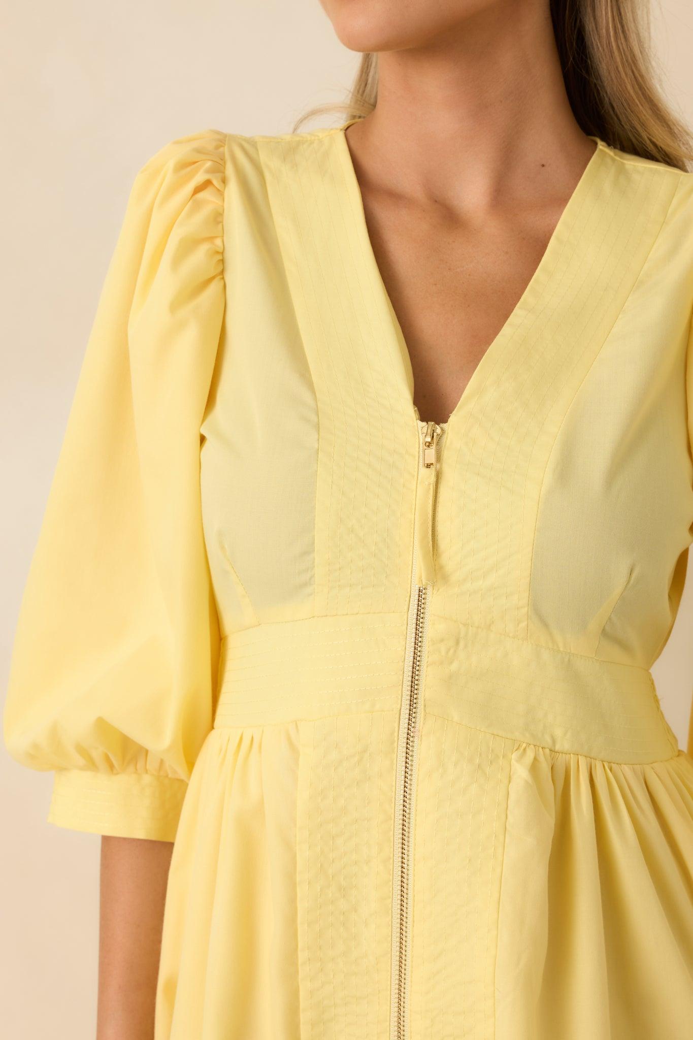 To Be Fair Daffodil Yellow Blouson Sleeve Zip Up Midi Dress Product Image