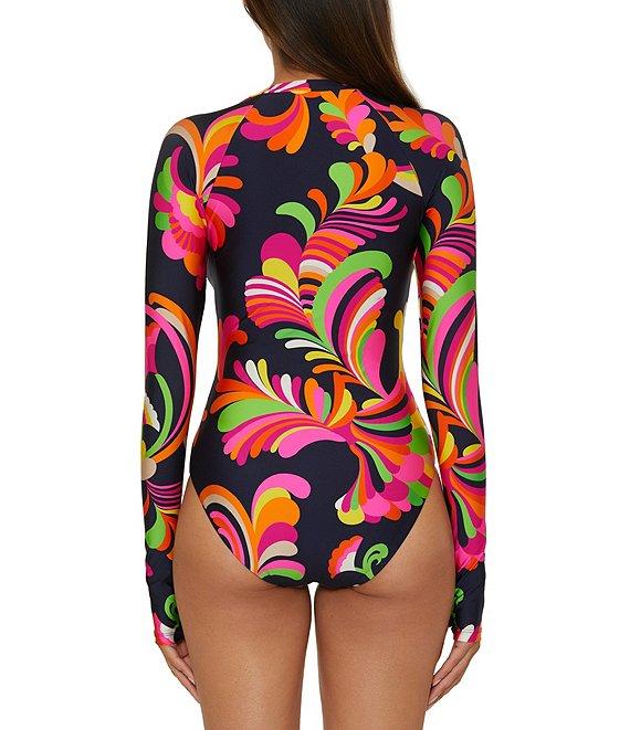 Trina Turk Poolside Swirl Long Sleeve Lace-Up Paddle One Piece Swimsuit Product Image
