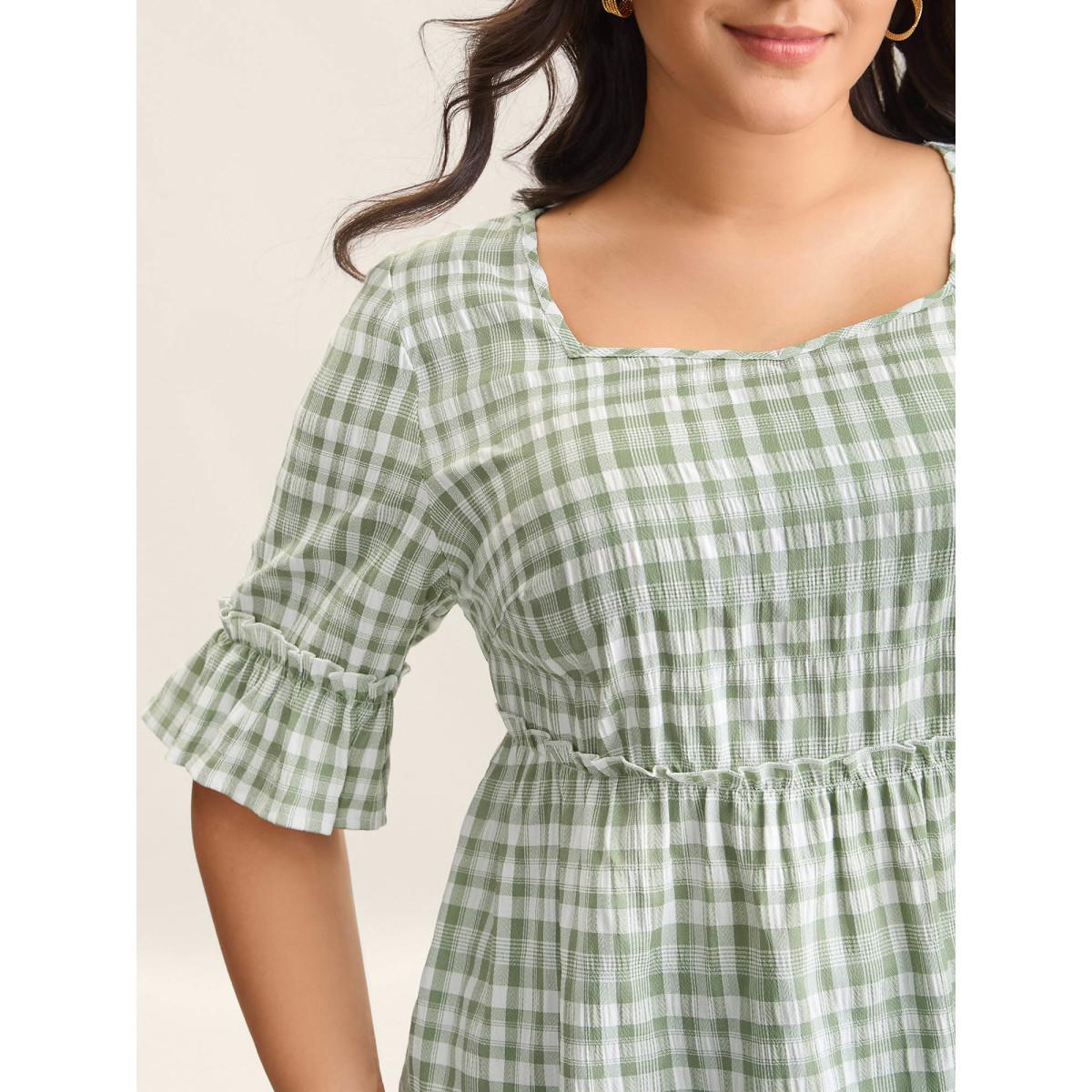Plus Size Greenbean Plaid Pattern Ruffled Sleeve Babydoll Top Women Half Sleeve Square Neck Everyday-Elegant Blouses BloomChic 14-16/1X Product Image
