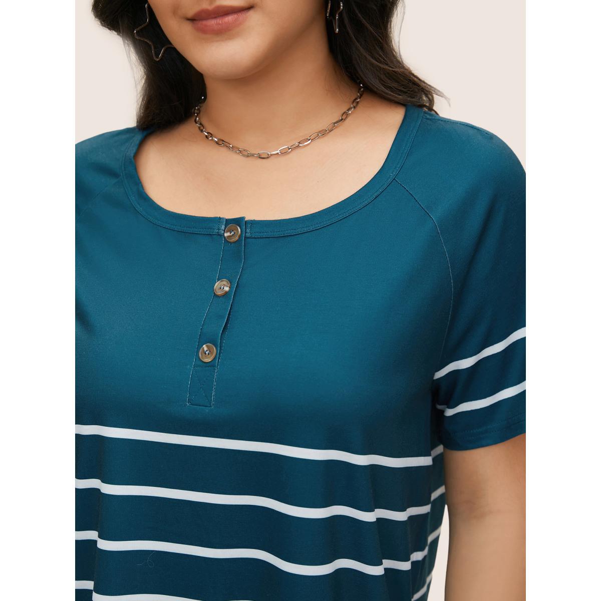 Plus Size Striped Print Raglan Sleeve Button Up T-shirt Aegean Women Casual Contrast Striped Round Neck Everyday T-shirts BloomChic 28/5X Product Image