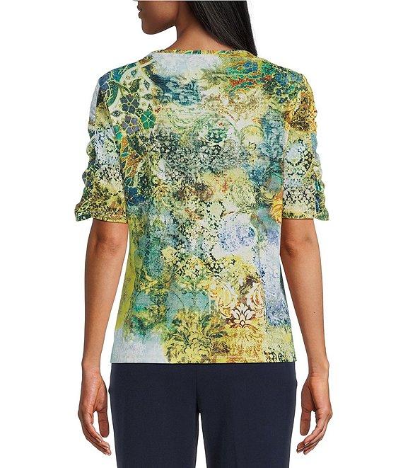 Investments Petite Size Knit Vintage Tapestry Elbow Length Sleeve Crew Neck Top Product Image