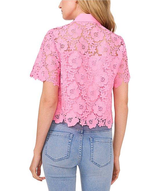 CeCe Lace Collared Short Sleeve Patch Pocket Button Front Top Product Image